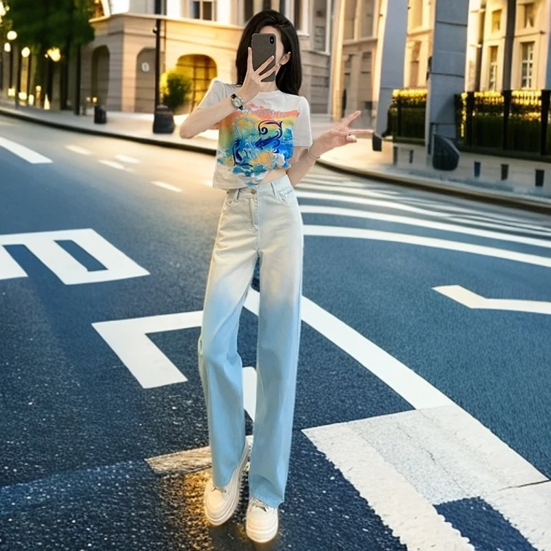 盐系炸街时尚夏装夏刺绣T恤渐变套装套装网红时尚炸街新款女装