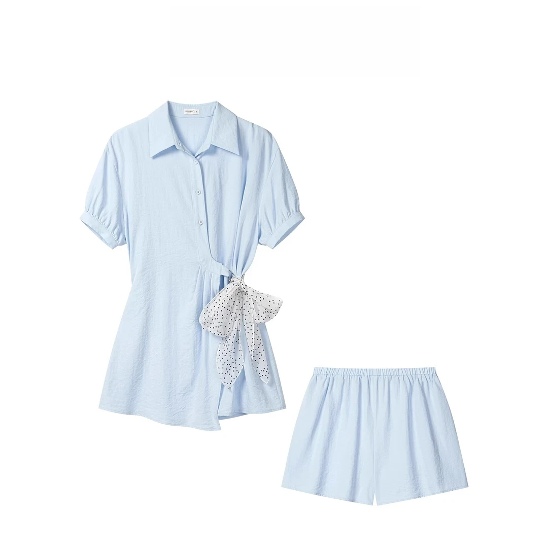-法式蓝色polo领衬衫连衣裙套装短裤两件套简约日常通勤穿搭女装