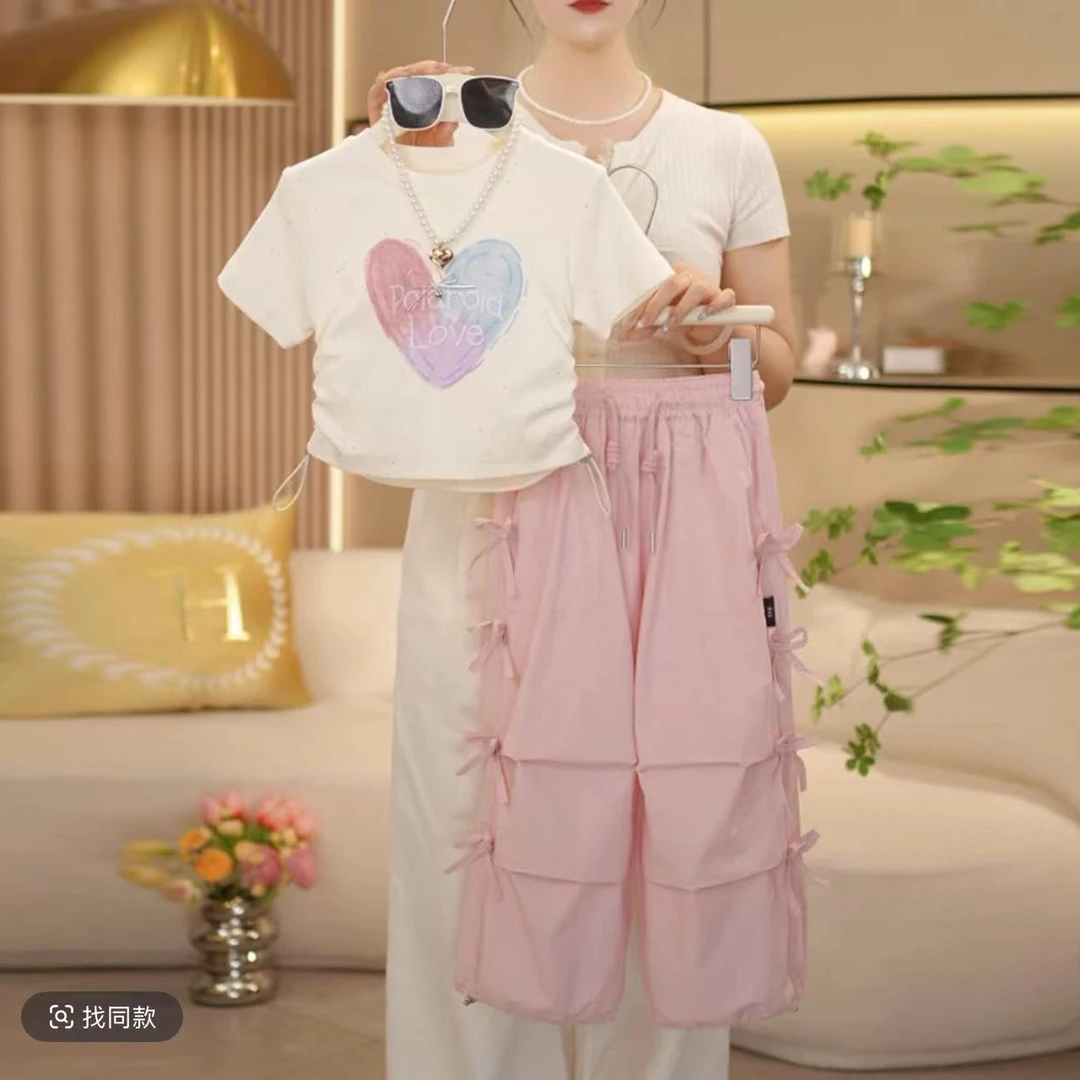 女童夏装套装2025爆款时尚休闲粉色爱心短袖T恤工装宽松新款套装