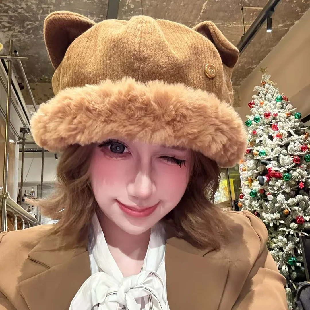 秋冬季麂皮绒小猫毛绒贝蕾帽百搭可爱卡通网红加厚保暖冬天