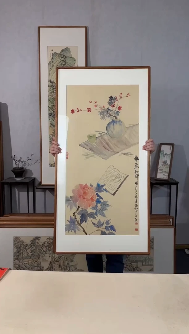 国画手绘*雅气和晖*62*122cm*原木色木框