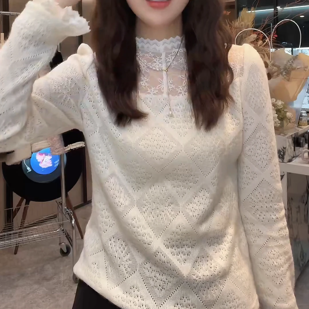 【四季钟情】2025秋冬新款镂空洋气半高领长袖蕾丝打底衫LK2507986