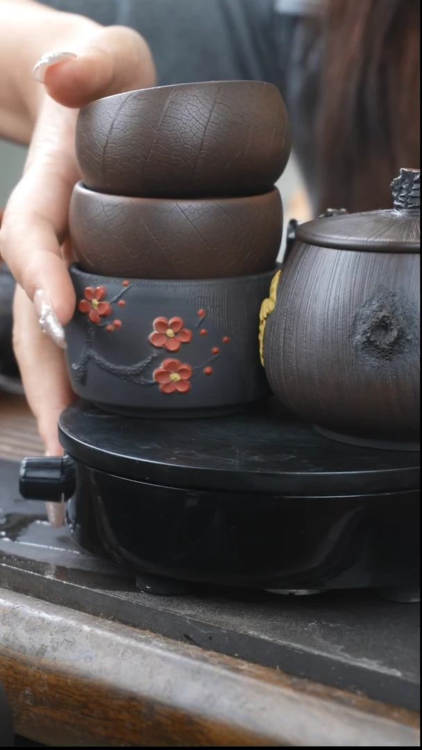 【闪购商品】建水紫陶金叶汉瓦+2叶脉+1梅花主人