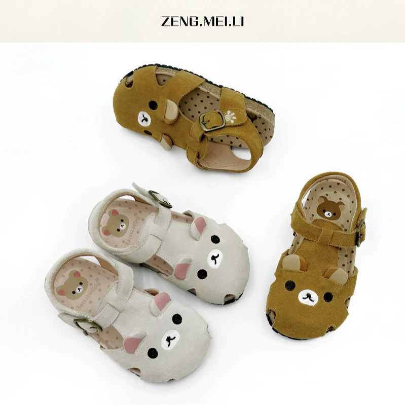 ZML 女童凉鞋真皮2025儿童春夏小熊包头软底凉鞋儿童勃肯鞋魔术贴