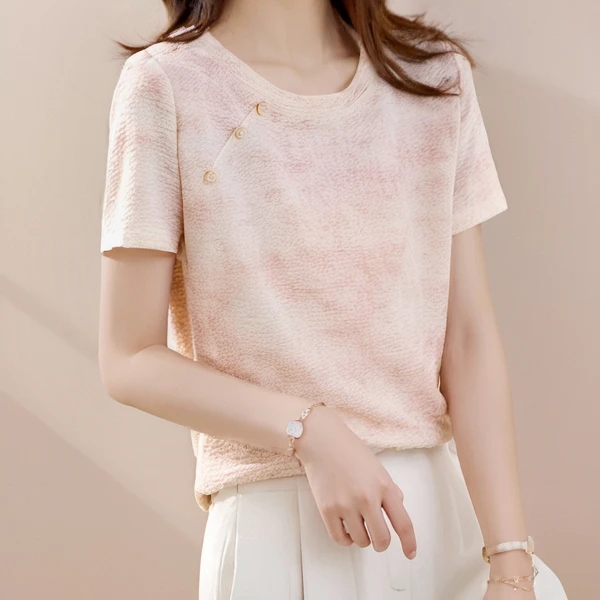 2025夏季正肩小众晕染高级感短袖t恤女粉彩肌理感时尚洋气上衣