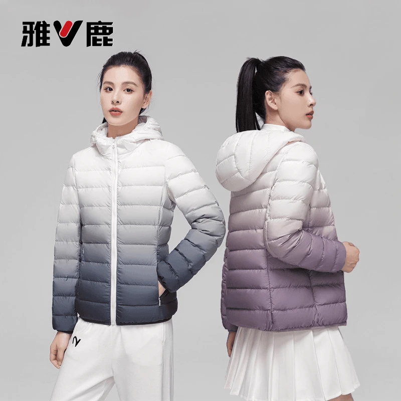 V/雅鹿雅鹿2022年新款轻薄款羽绒服女渐变色短款时尚外套连帽保暖