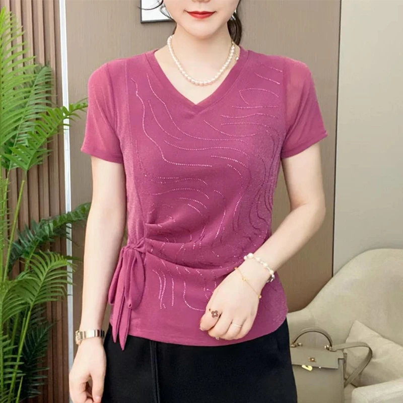 夏季新款大码时尚绑带V领烫钻上衣洋气减龄百搭显瘦短袖T恤小衫