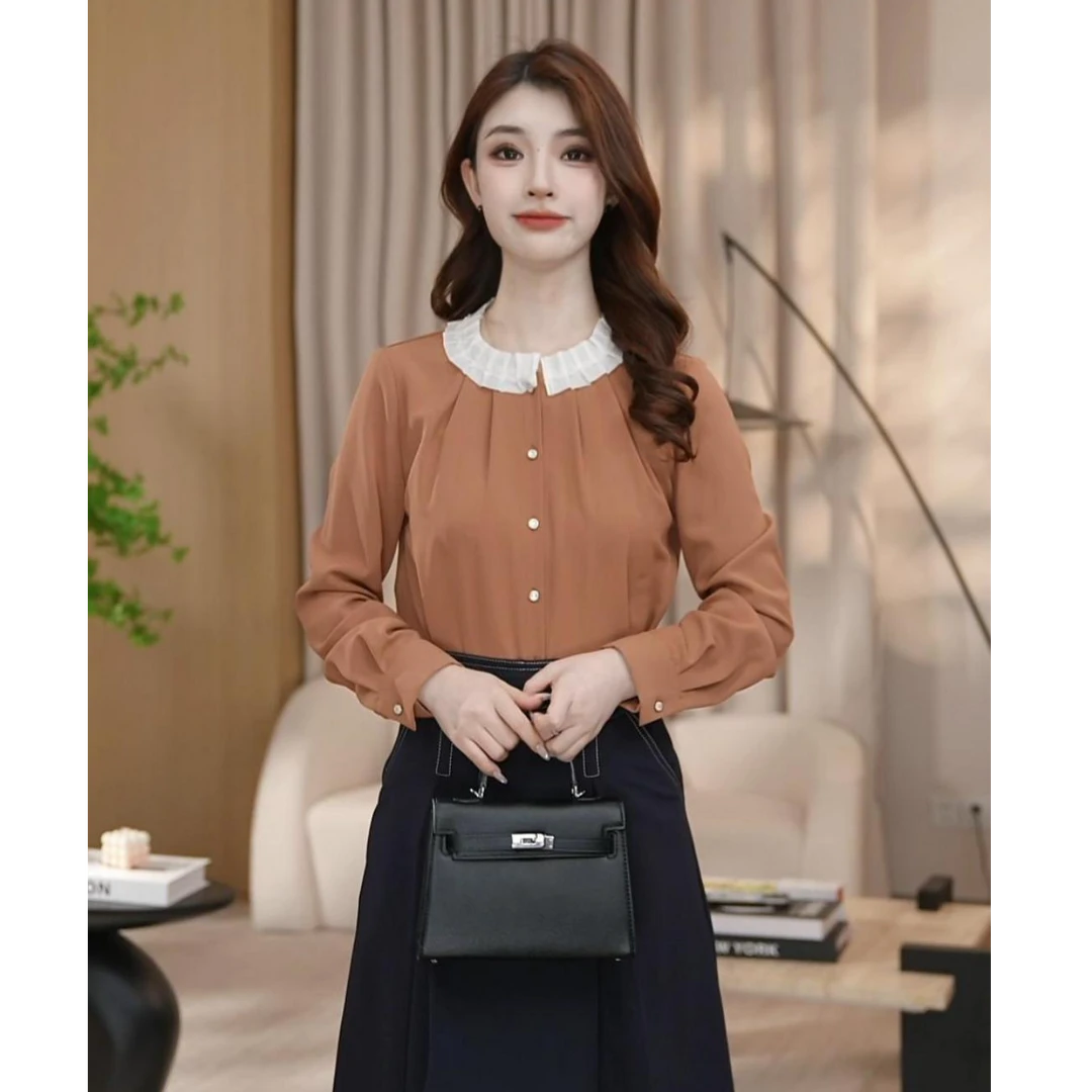 【曼贝】砖红色衬衫衬衣时尚百搭法式通勤设计感秋冬8493348A【珮珮】