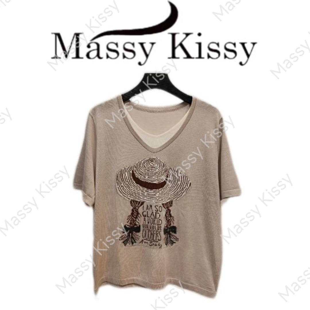 假两件V领短袖t恤女2025夏季新款韩版宽松设计印花上衣潮