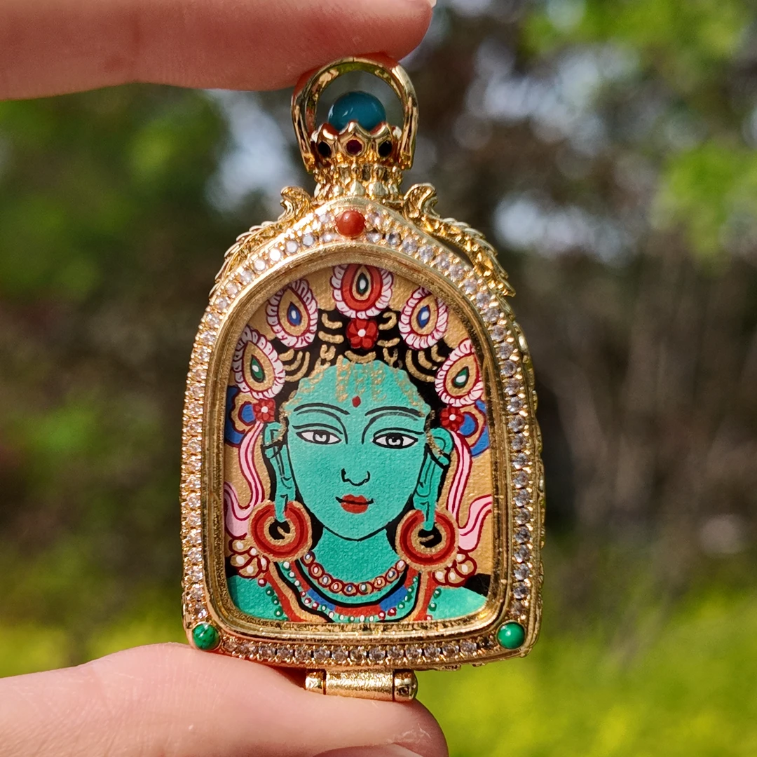 合金布艺吊坠 【福雲轩】纯手绘唐卡异形框绿度母 精品定制