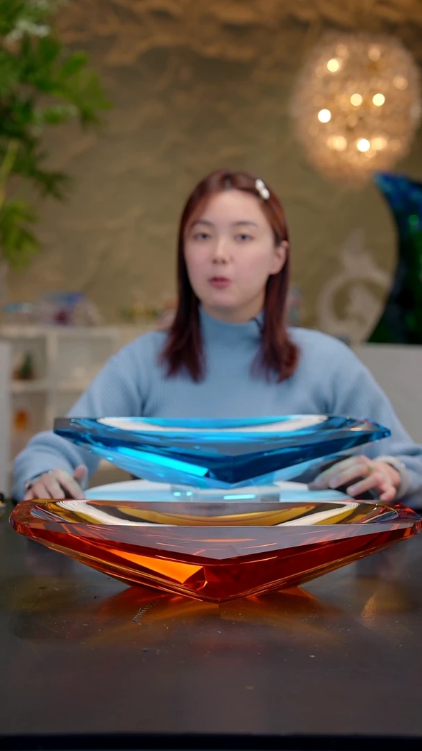 摆件宝石蓝钻石切面冰壶果盘+底座