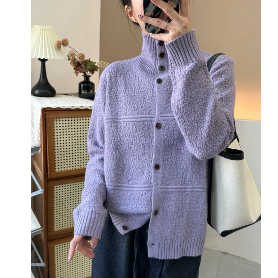 肌理感立领单排扣浣熊针织开衫慵懒风韩系秋冬新显瘦秋冬毛衣外套