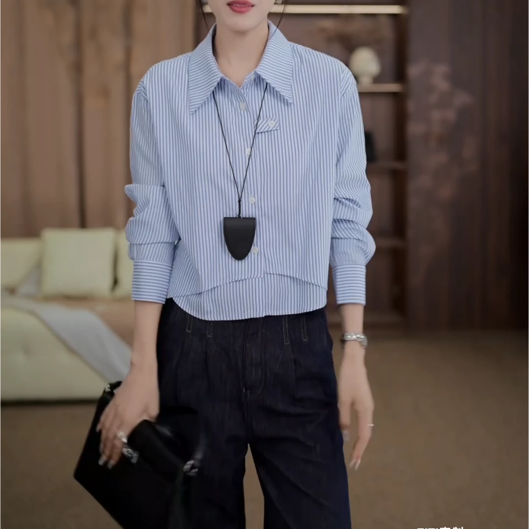 【港岛女神】秋季轻奢气质蓝色条纹长袖衬衫宽松显瘦上衣LK2505792