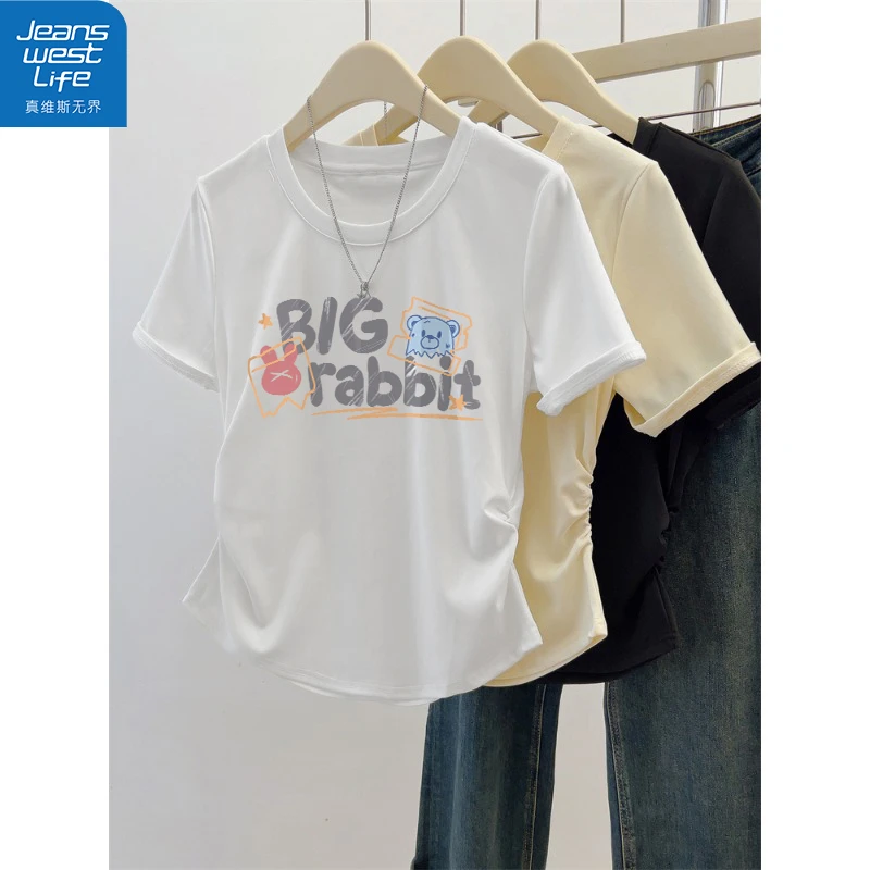 真维斯无界夏季新款高颜值印花百搭收腰褶皱正肩圆领短袖女装上衣