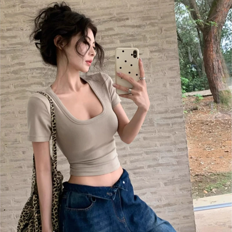 辣妹低领短袖t恤女夏季修身显瘦小衫美式性感高腰露肚脐短款上衣