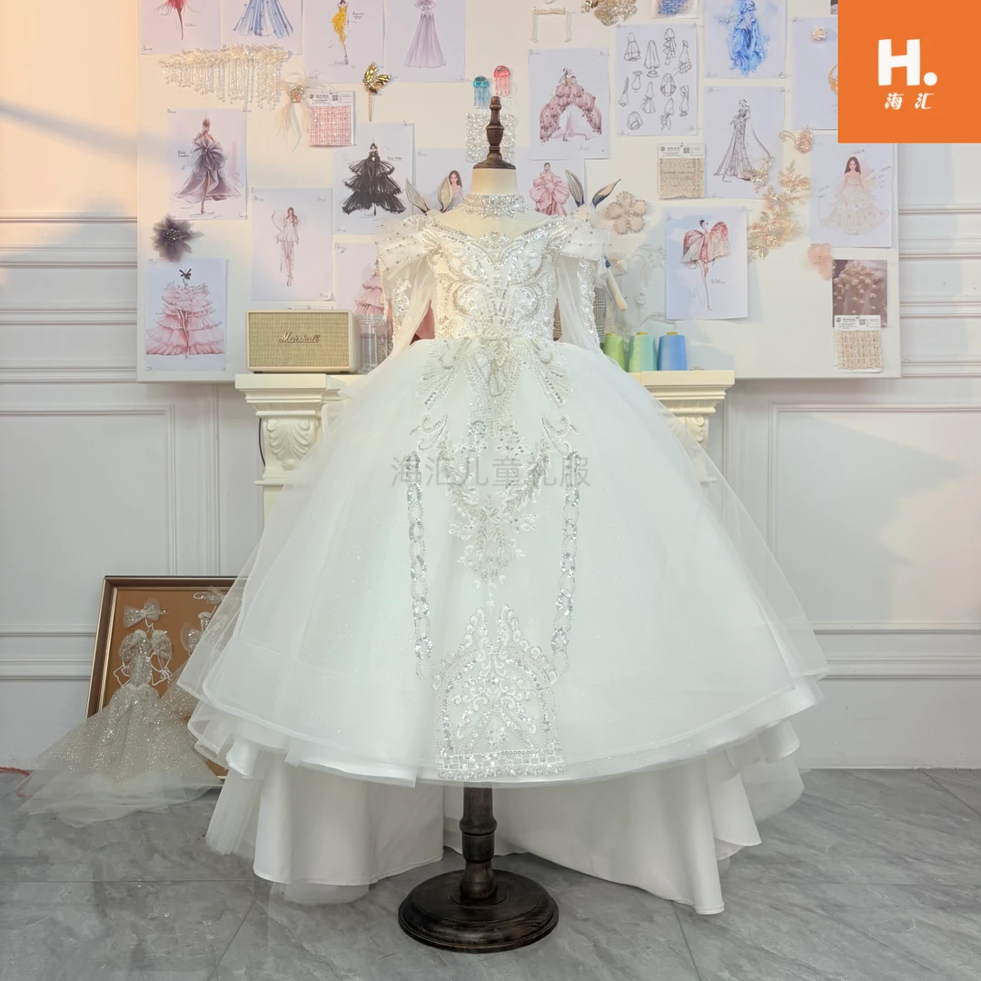 新款白色高定拖尾圆锁礼服公主裙女童6-12岁生日儿童设计师原创