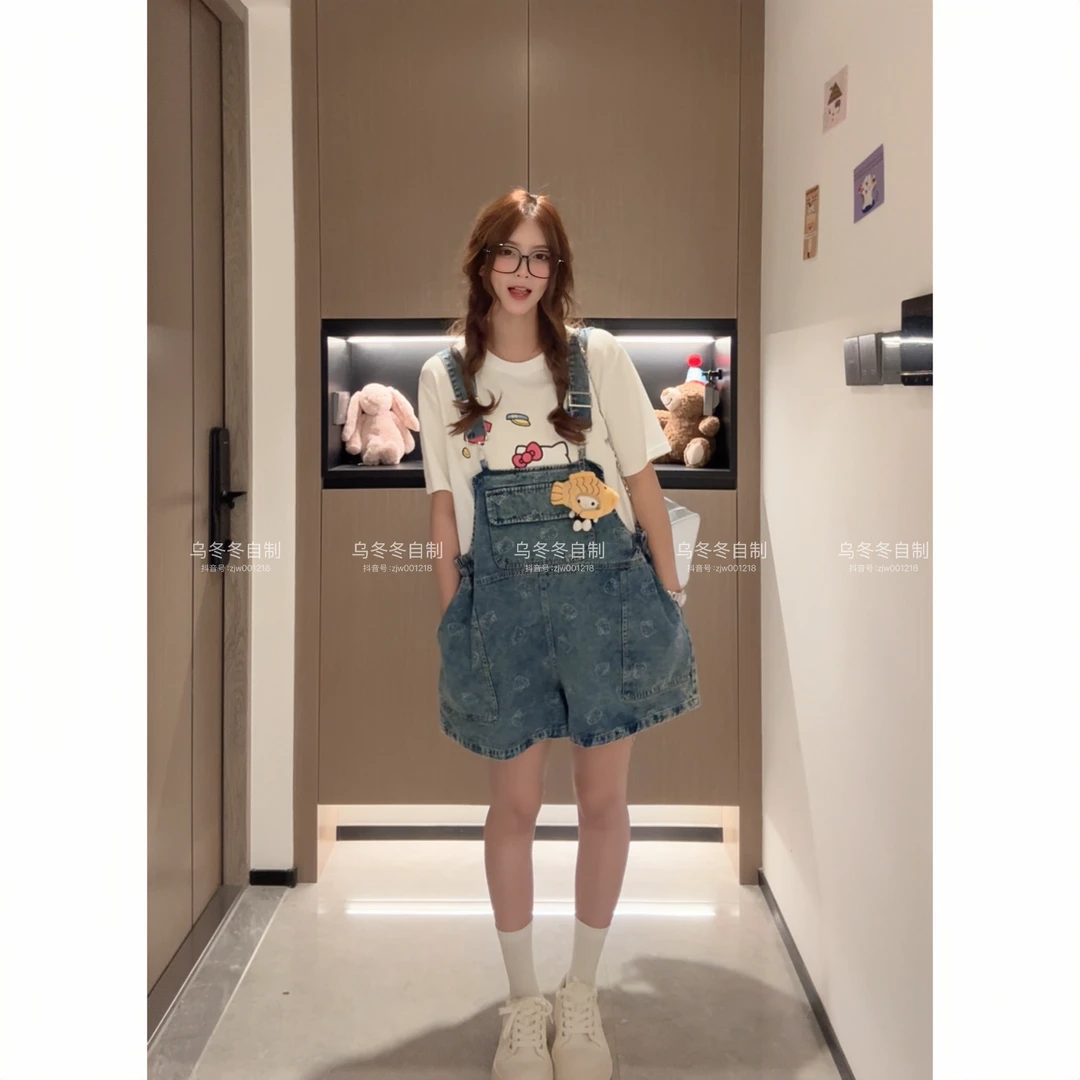 【乌冬自制】“一只Kitty呀”卡通蓝色牛仔背带裤带鲷鱼烧公仔+kt短袖