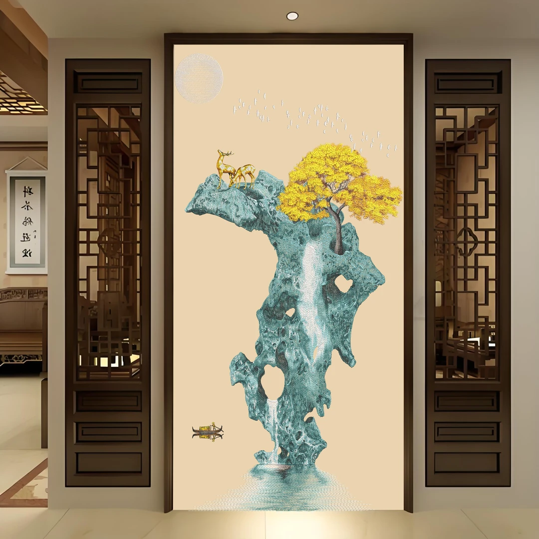 小玄关福瑞如意B7高端独绣新中式刺绣背景墙定制壁布
