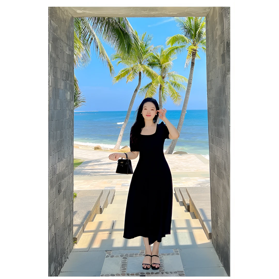 【夏天来了--】运补6-显瘦时尚立体收腰方领连衣裙  1412