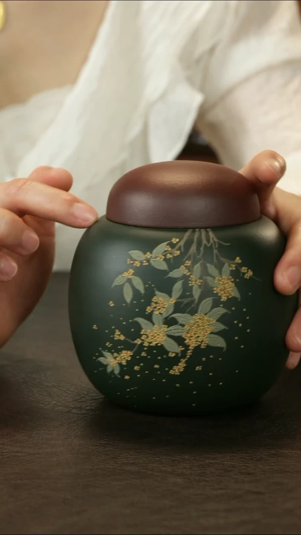 紫砂茶叶罐直播福利粉浆泥绘桂花茶叶罐