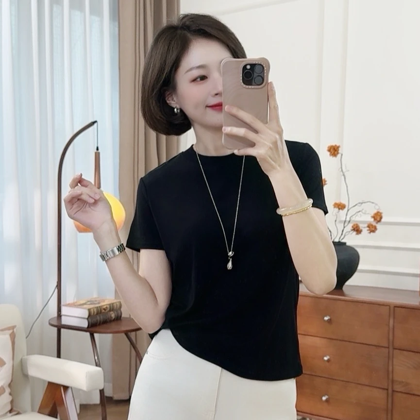 2025新款春夏季小圆领短袖T恤女打底衫女修身显瘦纯色休闲百搭