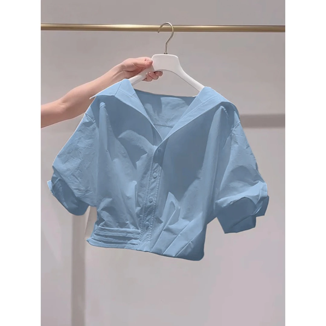 超好看白色翻领泡泡袖衬衫女2025年夏季新款慵懒风宽松短款上衣潮