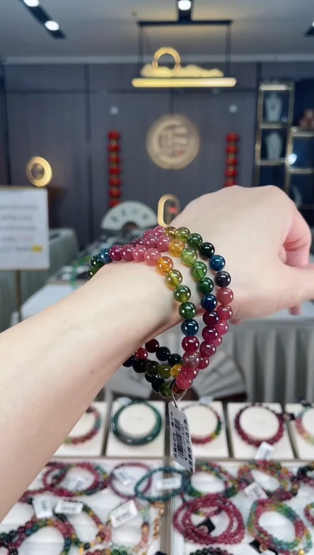 未镶嵌冰透体老矿碧玺色标彩虹三圈手串7mm+碧玺hon多样性发一条