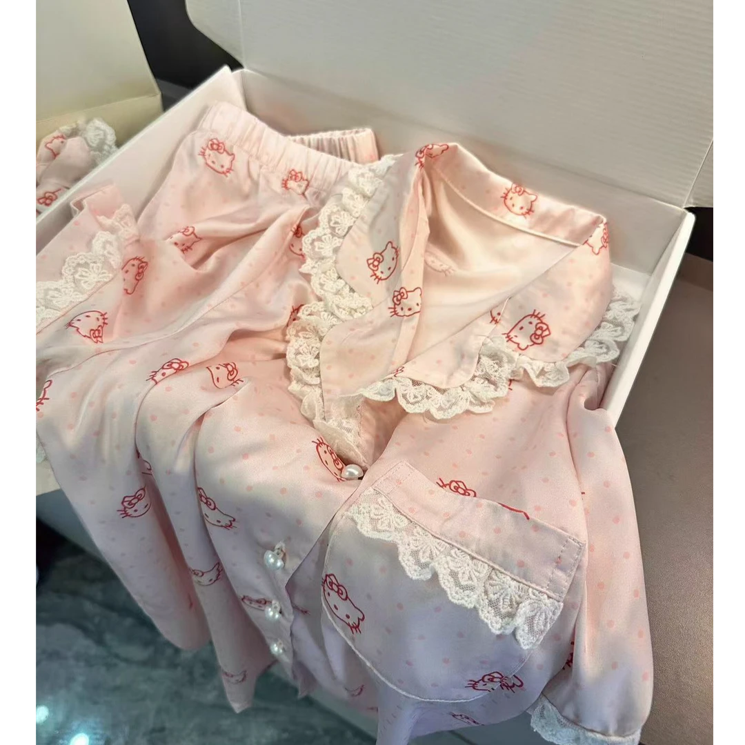 可爱风凯蒂猫印花蕾丝拼接冰丝短袖睡衣女夏季新款短裤套装家居服