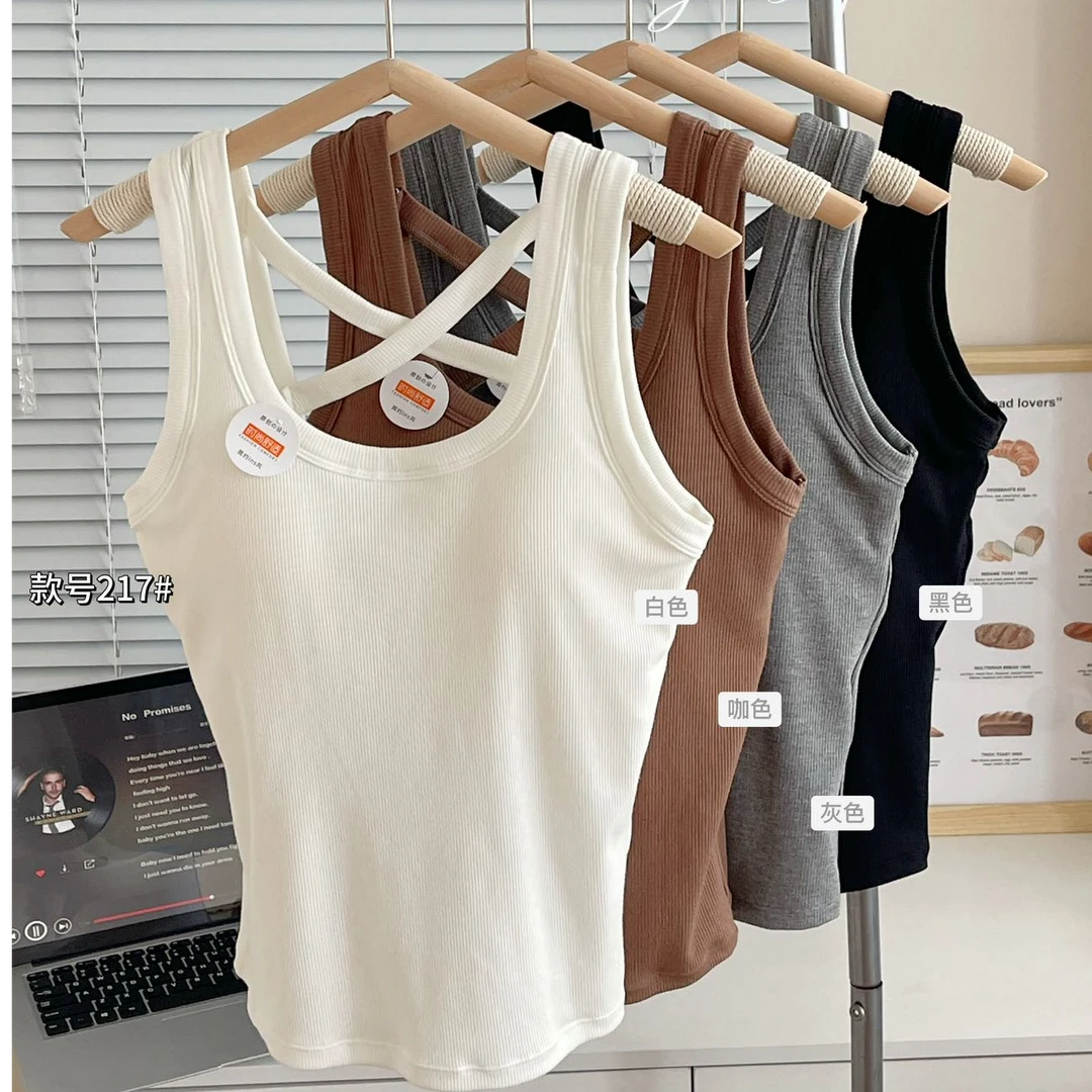 春季螺纹胖MM一体式带胸垫交叉美背吊带背心内搭打底衫外穿显瘦