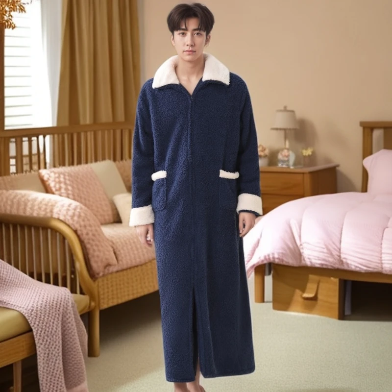 中长小熊睡衣秋冬睡裙胖妞胖哥孕妇秋季长袖冬季女睡袍厚款睡袍男