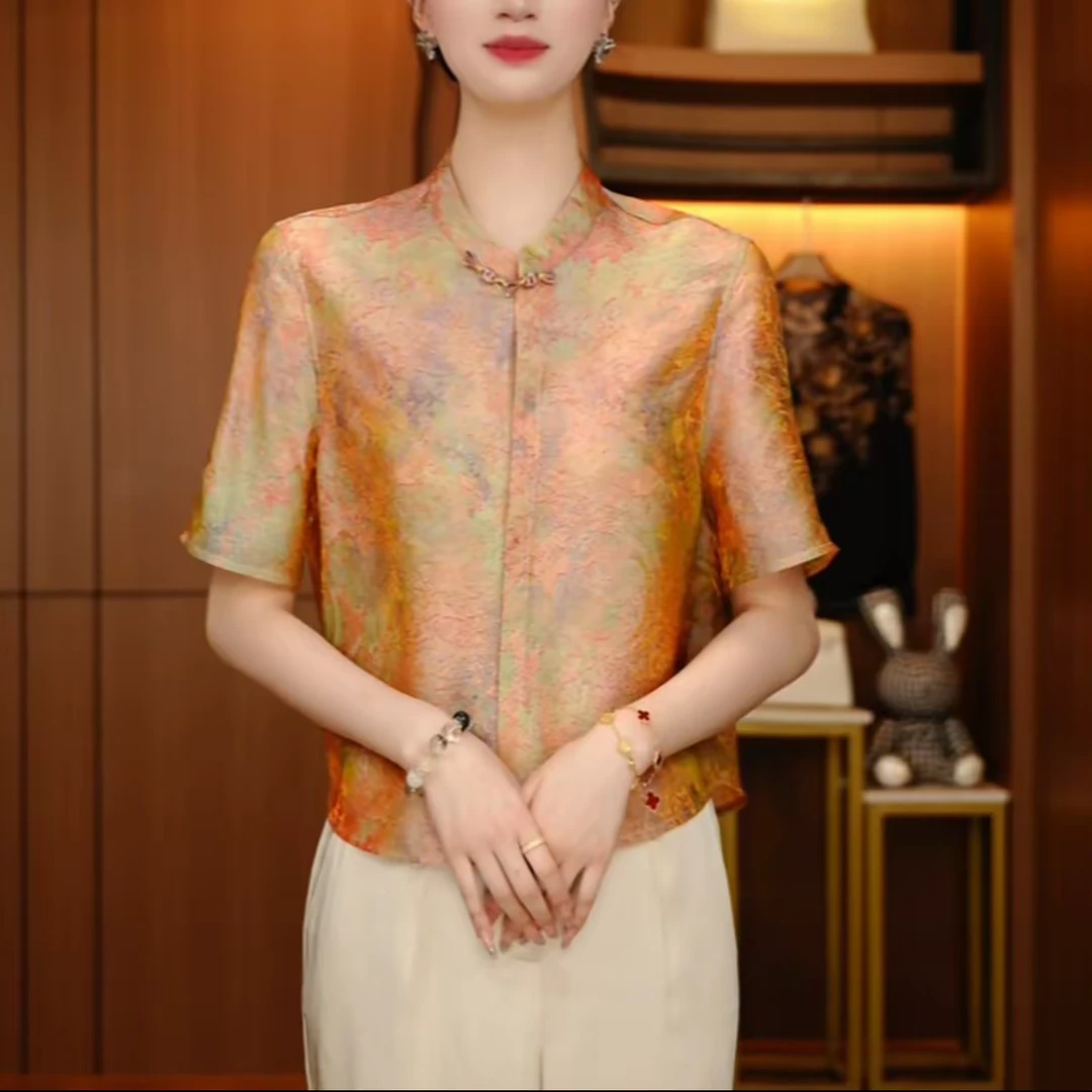 新中式夏季国风上衣上新百搭气质印花款遮肉显瘦短袖#908