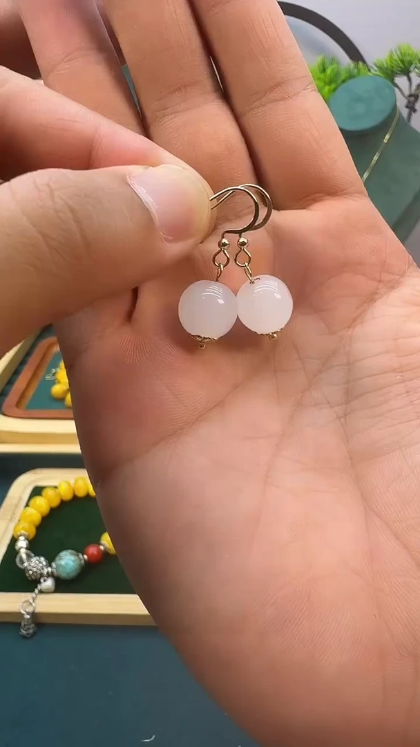 和田玉14K金镶嵌耳饰E118