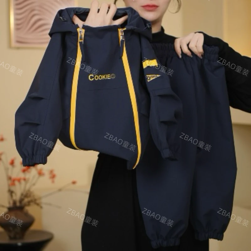 【重工套装】儿童冲锋衣套装新款秋季男女童工装休闲连帽外套夹克