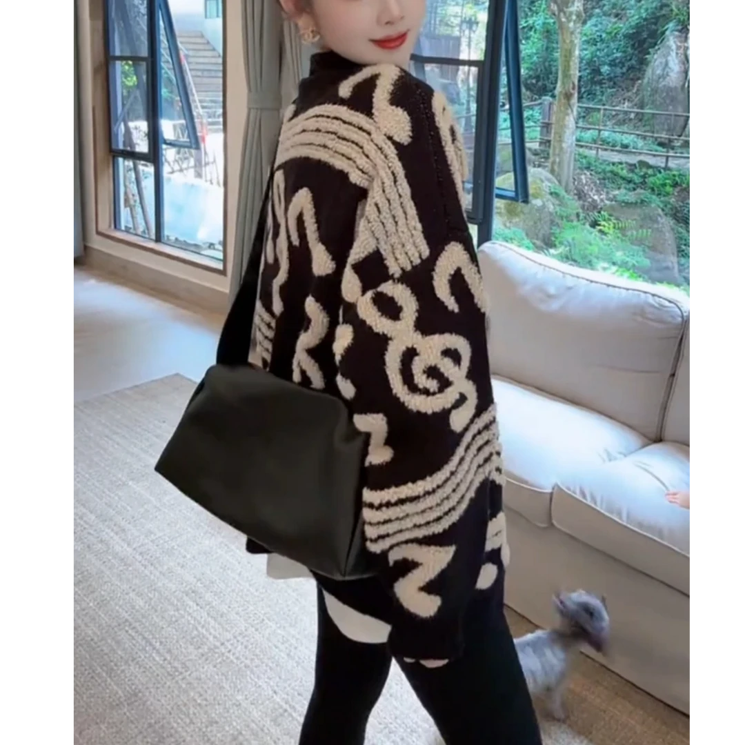 【网红同款】3慵懒风软糯音符撞色图案女春秋宽松长袖针织开衫外套