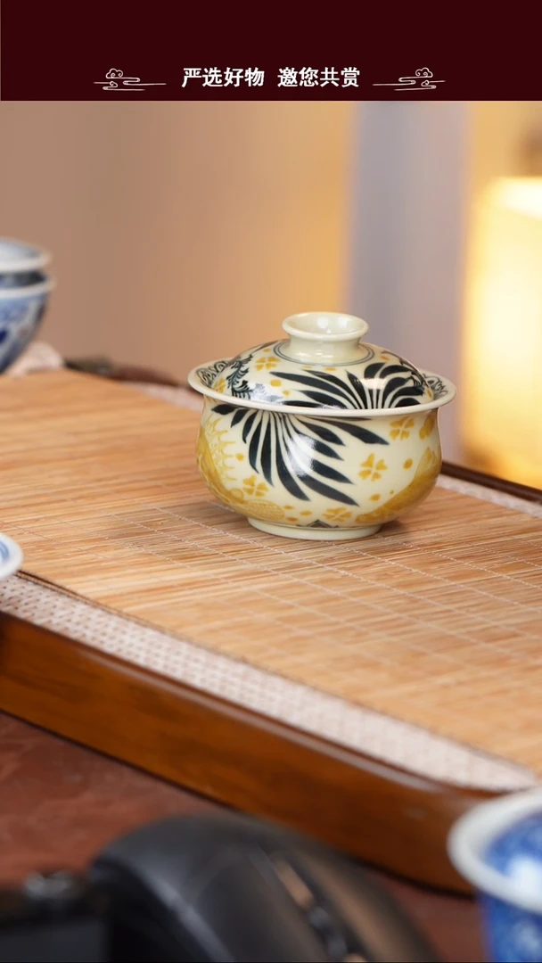 手工手绘青花盖碗