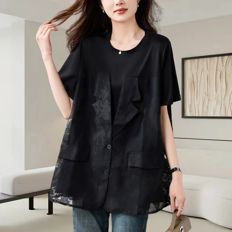 假两件黑色短袖恤女2025夏季新款设计感洋气宽松显瘦时尚休闲上衣