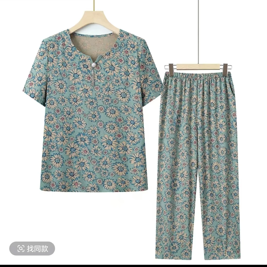 8007老年人妈妈装薄款宽松休闲碎花奶奶装夏天凉快套装李亚