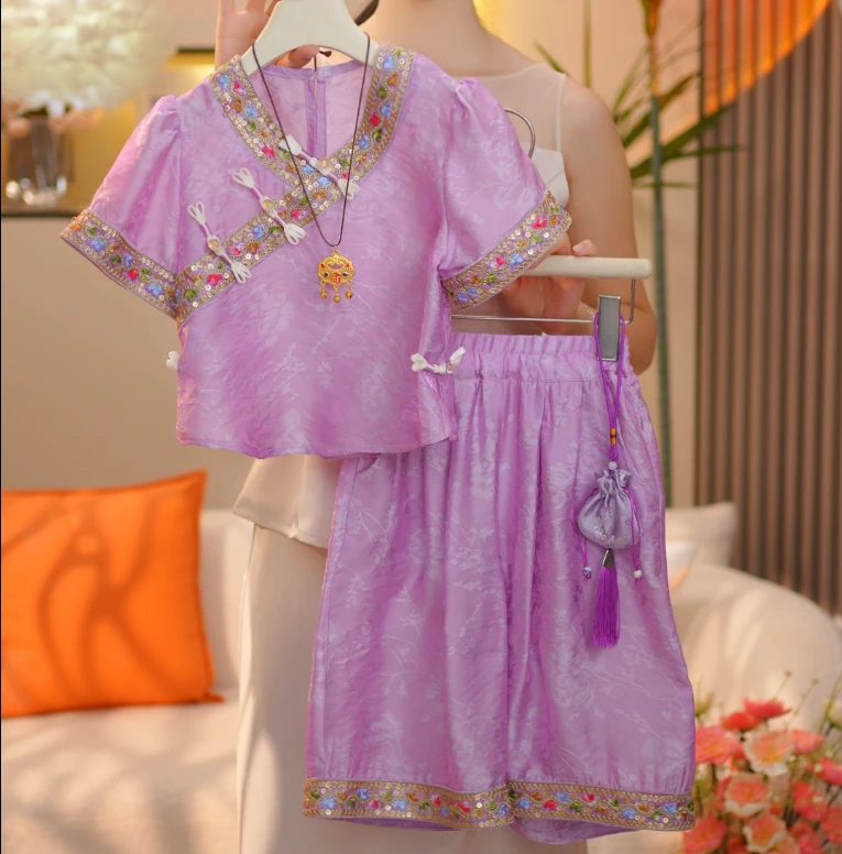 女童2025年夏季新款国风套装复古提花气质裤凉快时髦休闲H109