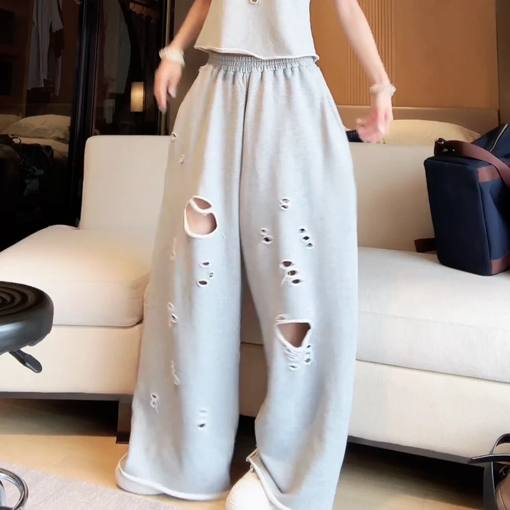 不规则破洞卷边毛圈宽松直筒休闲裤松紧腰韩式阔腿裤