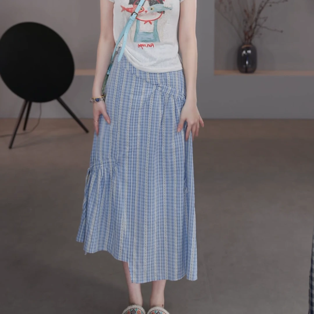 夏装2025年新款高腰蓝白格子文艺复古气质时尚半身裙女LK2504961