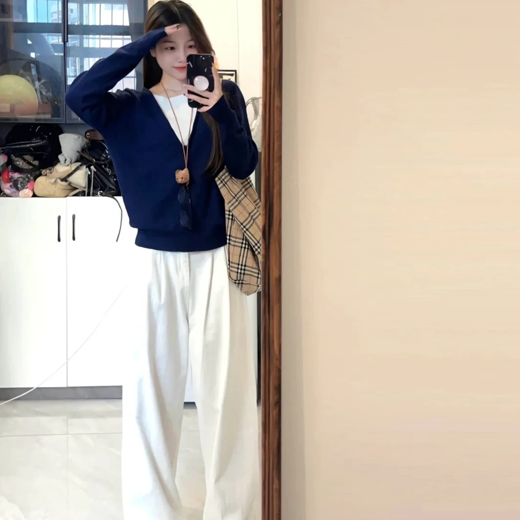 2025早春新款慵懒风撞色假两件毛针织衫上衣高腰宽松阔腿裤套装女