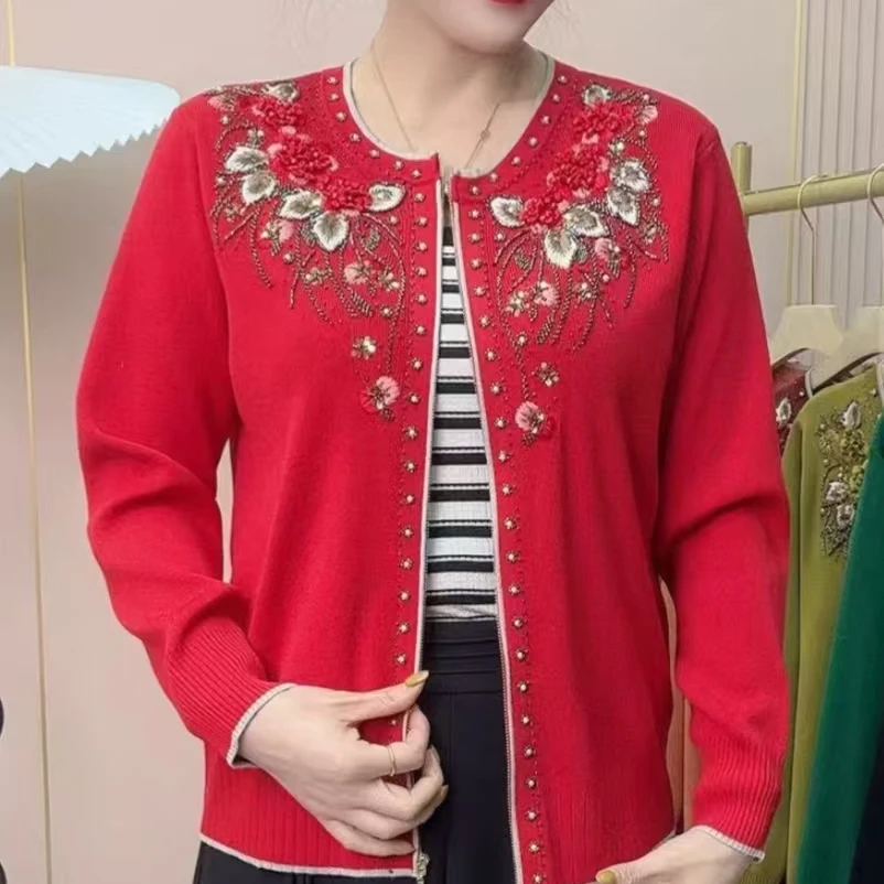 重工串珠中老年人针织衫妈妈毛衣妈妈洋气百搭弹力上衣开衫