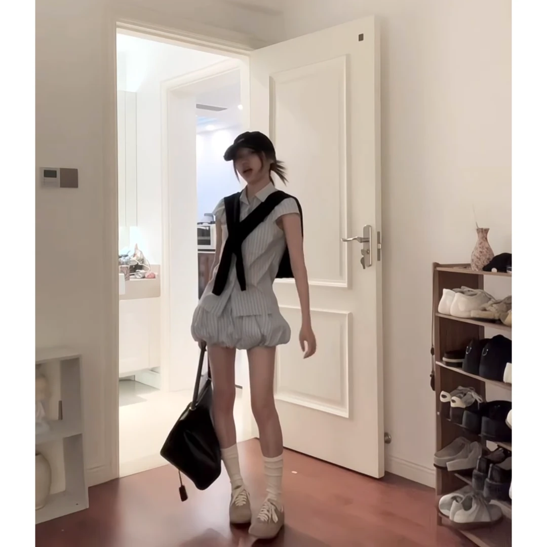 INS CEC韩系学院风套装条纹披肩衬衫复古高腰花苞裙时尚三件套