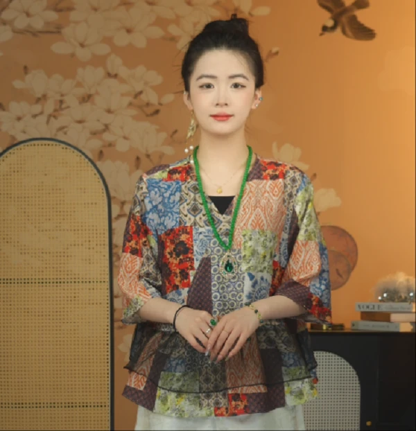 【春江韵】S25013设计师国风立领提花新中式腰果花短袖