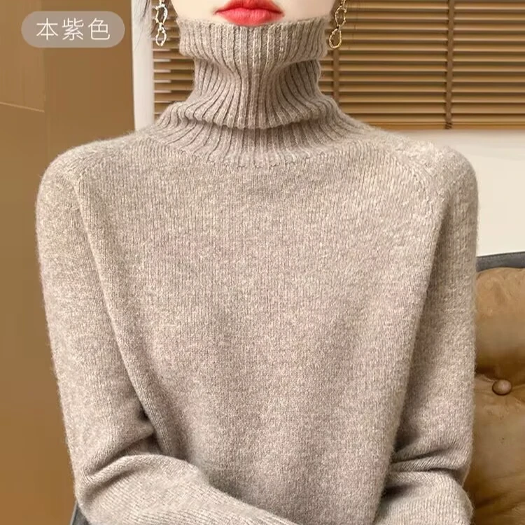 100%羊毛加厚高翻领秋冬纯羊毛针织百搭女款上衣WQ708