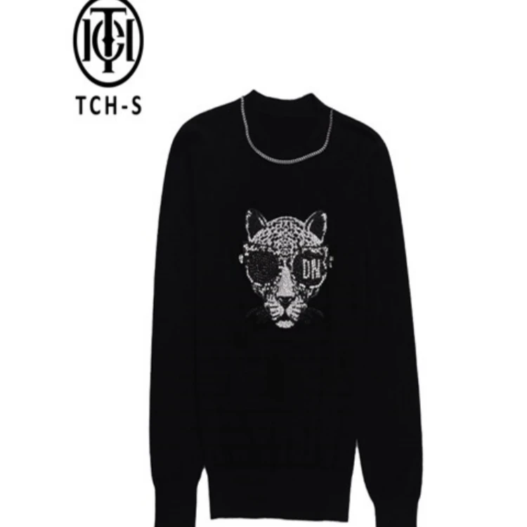 潮牌-轻奢潮牌墨镜豹子手工镶钻黑色半高领毛衣秋冬S66C099002