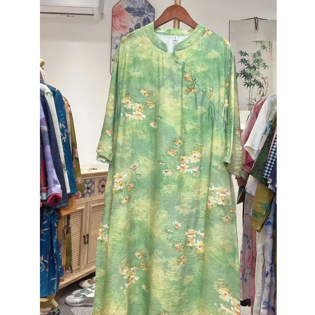 【小雏菊】大码中袖连衣裙新中式复古改良旗袍中长裙新款女装102