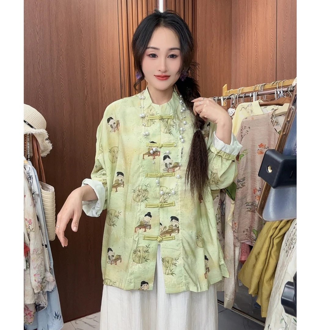 （630）绿色圆领常规款印染上衣重工网红春季春夏新中式小衫