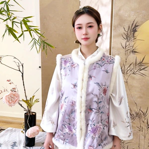 【洛川女·对襟马甲】手工苏绣国风圆领对襟丝棉女外穿温柔保暖时尚