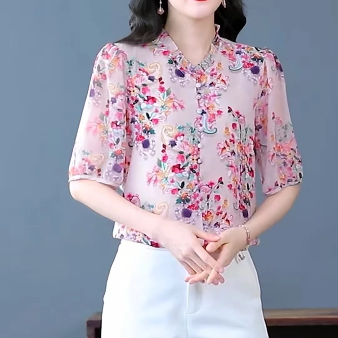 2025春夏新款气质碎花中袖衬衫洋气显瘦时尚百搭女士上衣9667长58
